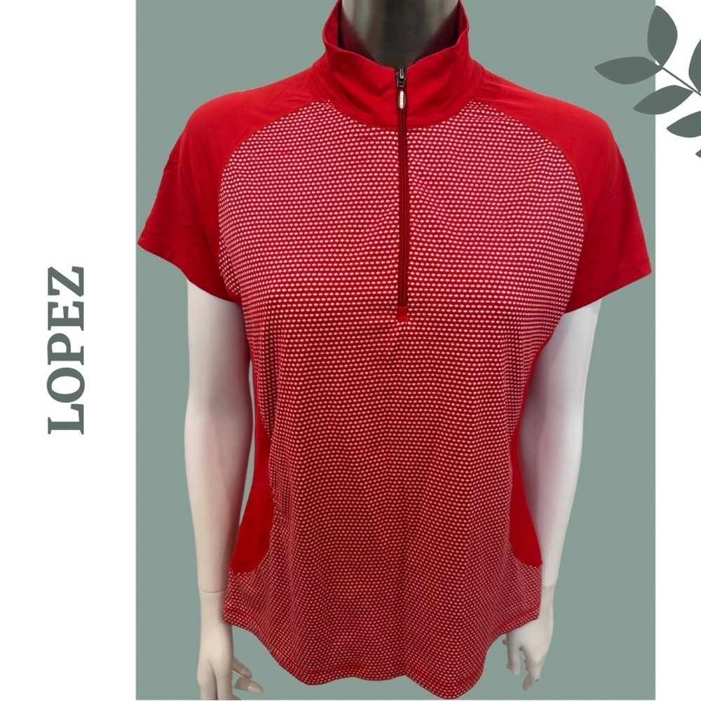 Lopez Women's Red White Zip-Up Short Sleeve Polo Top Contrast Print Size Medium